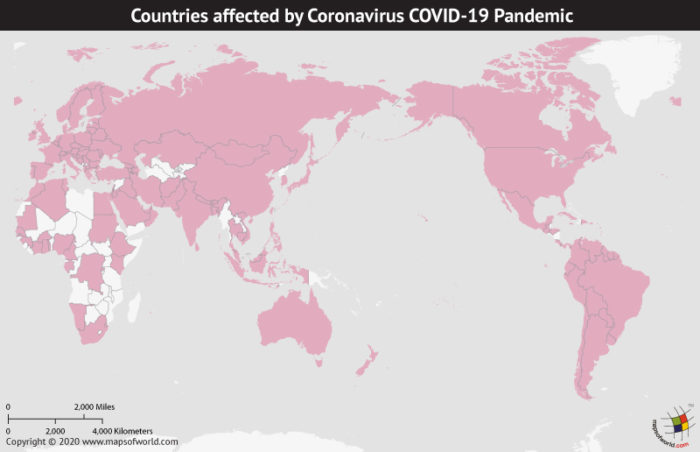 Map of World Highlighting Countries Affected by Coronavirus Outbreak as per Mar 15, 2020