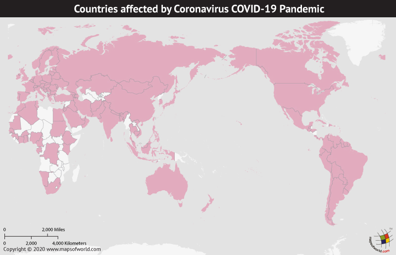 Map of World Showing Countries Affected by Coronavirus Outbreak as per Mar 15, 2020