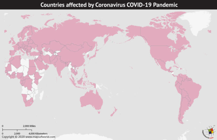 Map of World Highlighting Countries Affected by Coronavirus Outbreak as per Mar 16, 2020