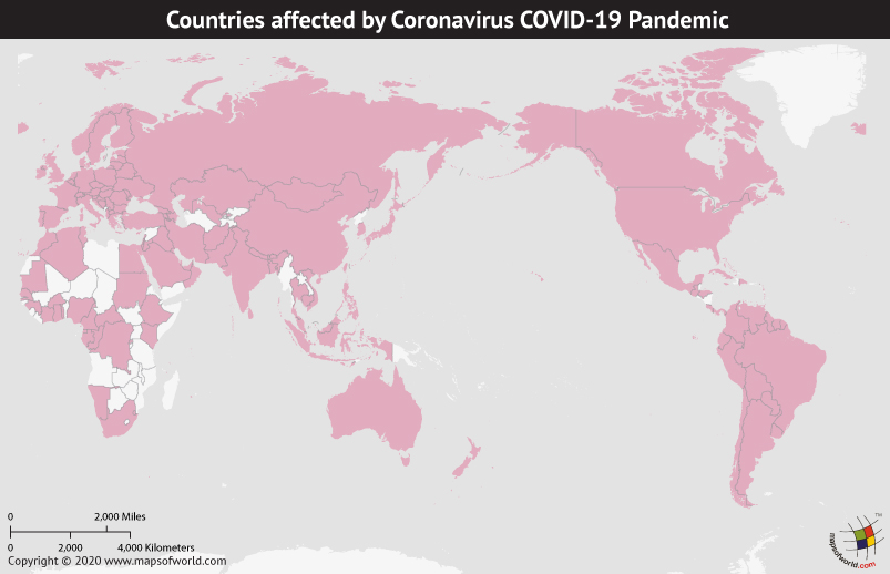 Map of World Showing Countries Affected by Coronavirus Outbreak as per Mar 16, 2020