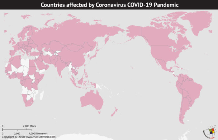 Map of World Highlighting Countries Affected by Coronavirus Outbreak as per Mar 17, 2020