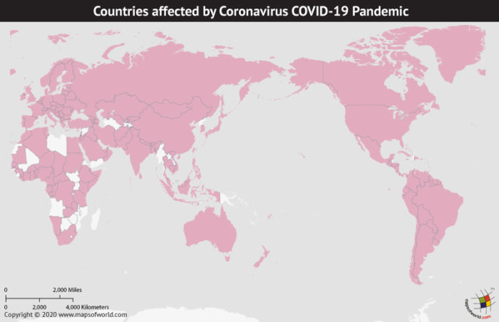 Map of World Highlighting Countries Affected by Coronavirus Outbreak as per Mar 20, 2020