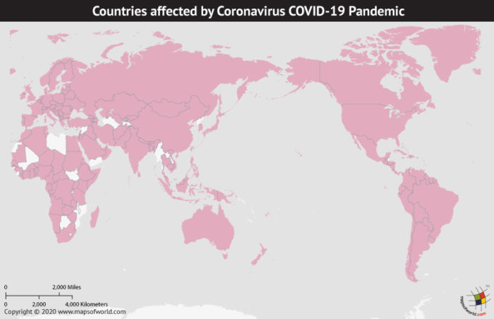 Map of World Highlighting Countries Affected by Coronavirus Outbreak as per Mar 22, 2020