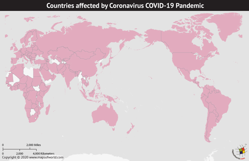 Map of World Showing Countries Affected by Coronavirus Outbreak as per Mar 24, 2020