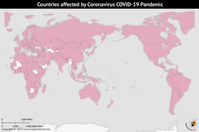 Map of World Highlighting Countries Affected by Coronavirus Outbreak as per Mar 25, 2020