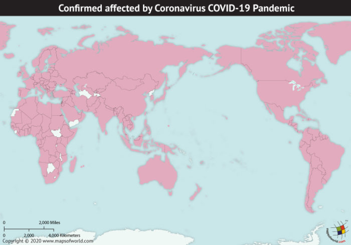 Map of World Highlighting Countries Affected by Coronavirus Outbreak as per Mar 29, 2020