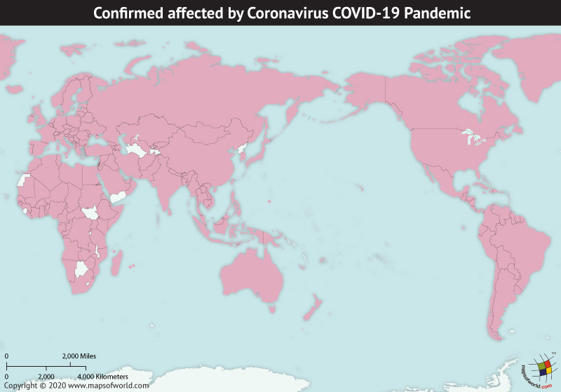 Map of World Showing Countries Affected by Coronavirus Outbreak as per Mar 29, 2020