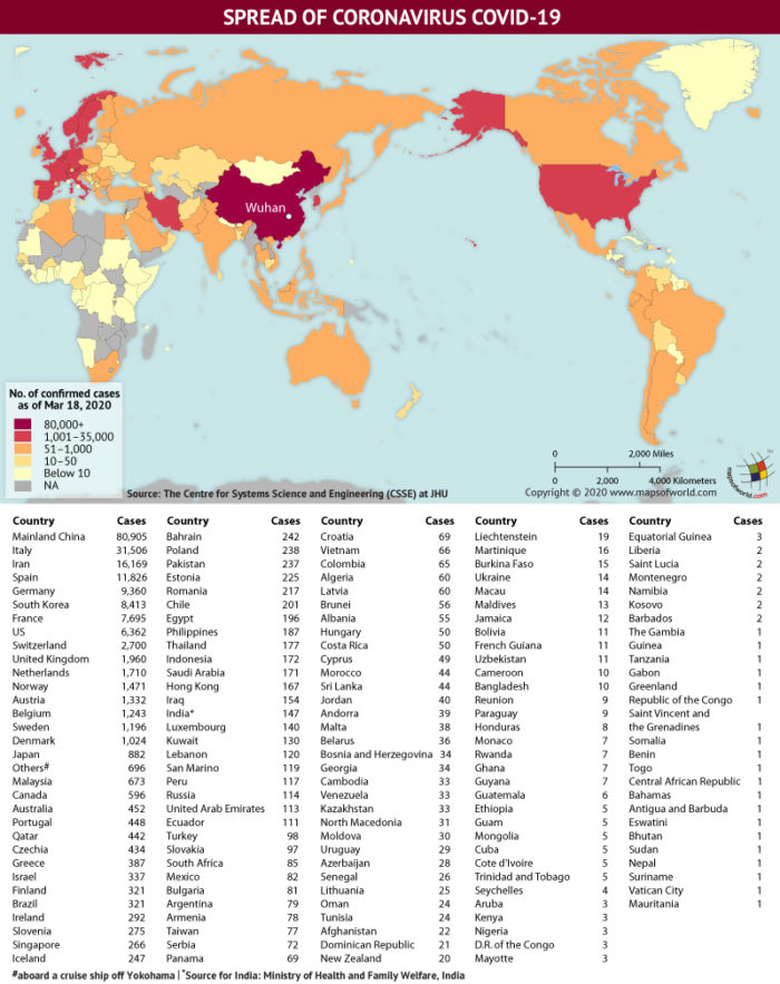Map Highlighting the Spread of Coronavirus Around the World as per March 18, 2020