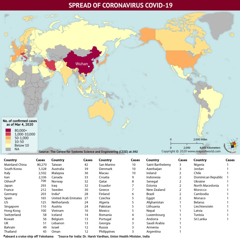 World Map Showing the Spread of Coronavirus Around the World as per March 04, 2020