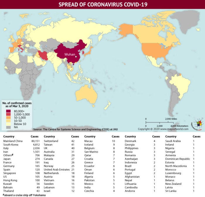 Map Highlighting the Spread of Coronavirus Around the World as per March 03, 2020