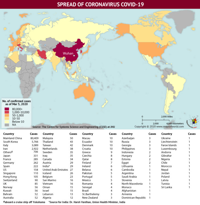 Map Highlighting the Spread of Coronavirus Around the World as per March 05, 2020