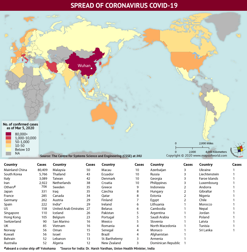 World Map Showing the Spread of Coronavirus Around the World as per March 05, 2020