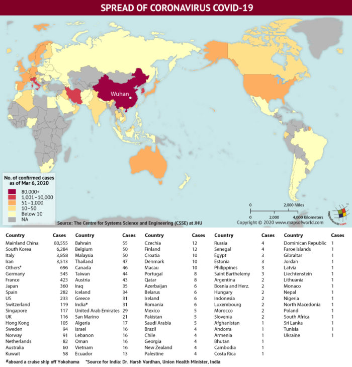 Map Highlighting the Spread of Coronavirus Around the World as per March 06, 2020