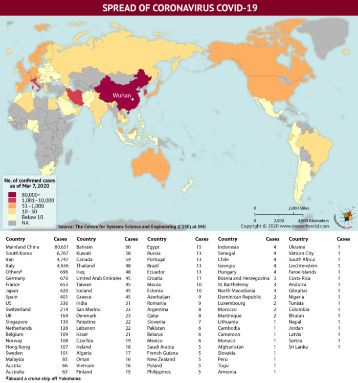 Map Highlighting the Spread of Coronavirus Around the World as per March 07, 2020