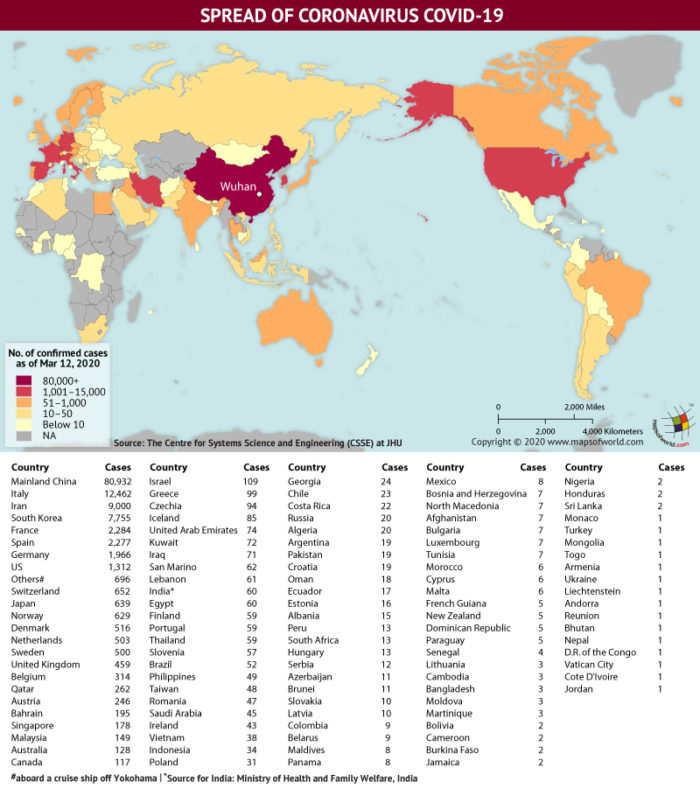 Map Highlighting the Spread of Coronavirus Around the World as per March 12, 2020