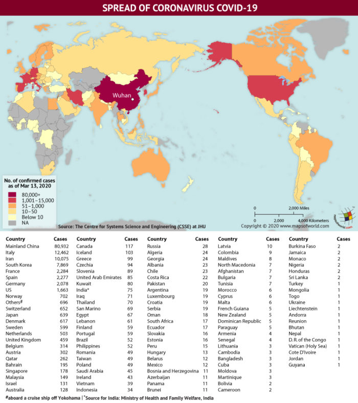 Map Highlighting the Spread of Coronavirus Around the World as per March 13, 2020