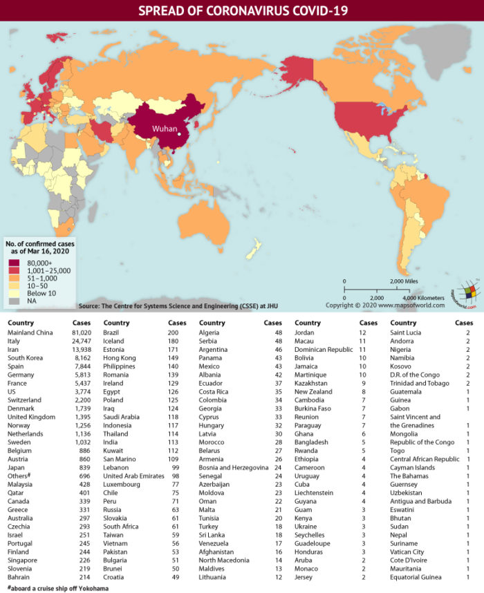 Map Highlighting the Spread of Coronavirus Around the World as per March 16, 2020
