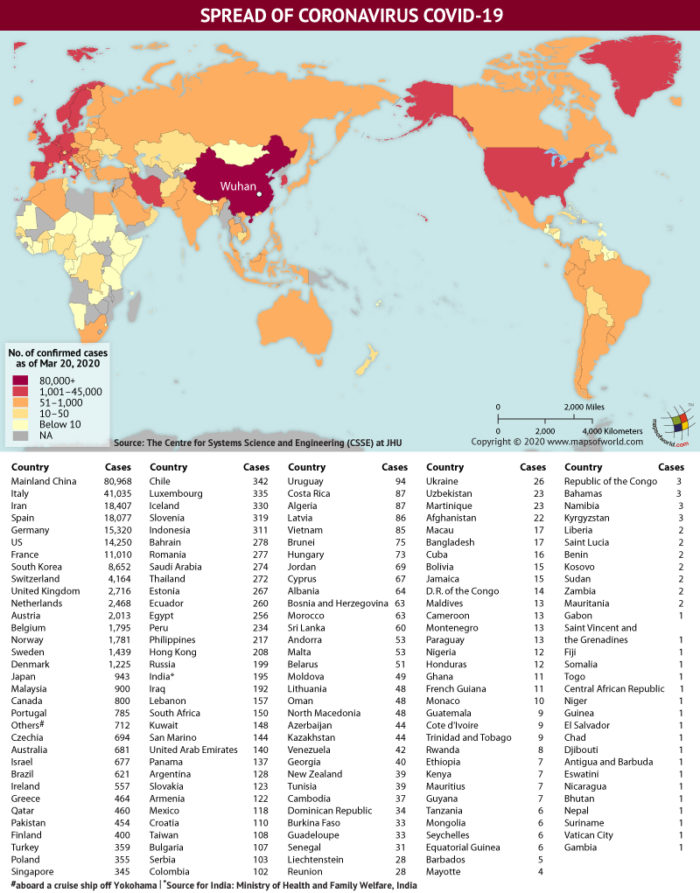Map Highlighting the Spread of Coronavirus Around the World as per March 20, 2020