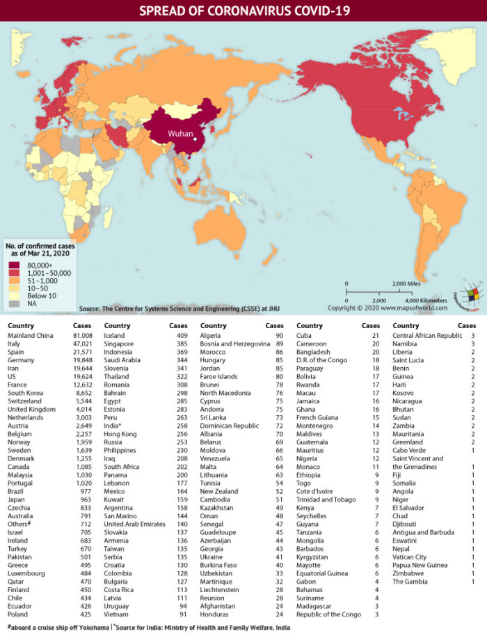 Map Highlighting the Spread of Coronavirus Around the World as per March 21, 2020