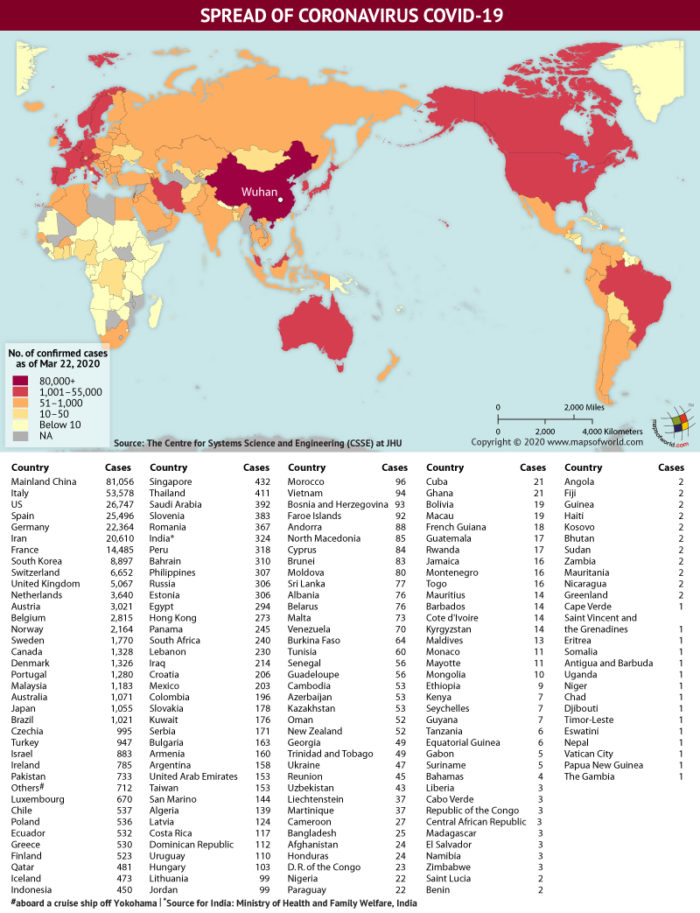 Map Highlighting the Spread of Coronavirus Around the World as per March 22, 2020