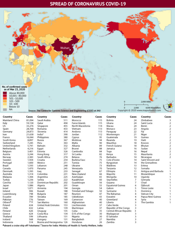 Map Highlighting the Spread of Coronavirus Around the World as per March 23, 2020