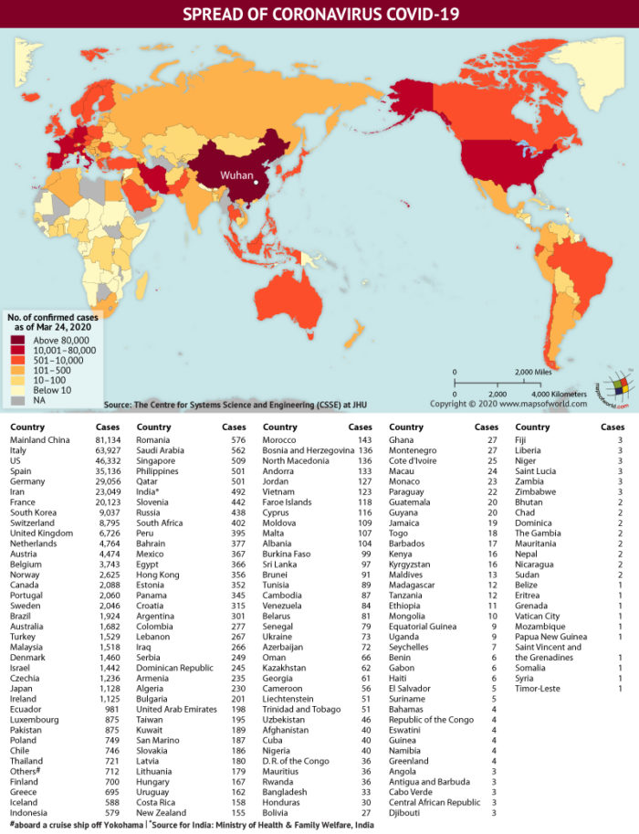 Map Highlighting the Spread of Coronavirus Around the World as per March 24, 2020