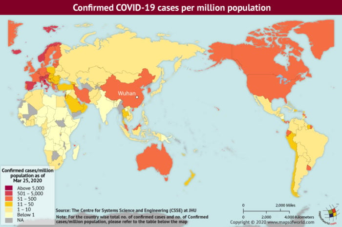 Map Highlighting the Spread of Coronavirus Around the World as per March 25, 2020