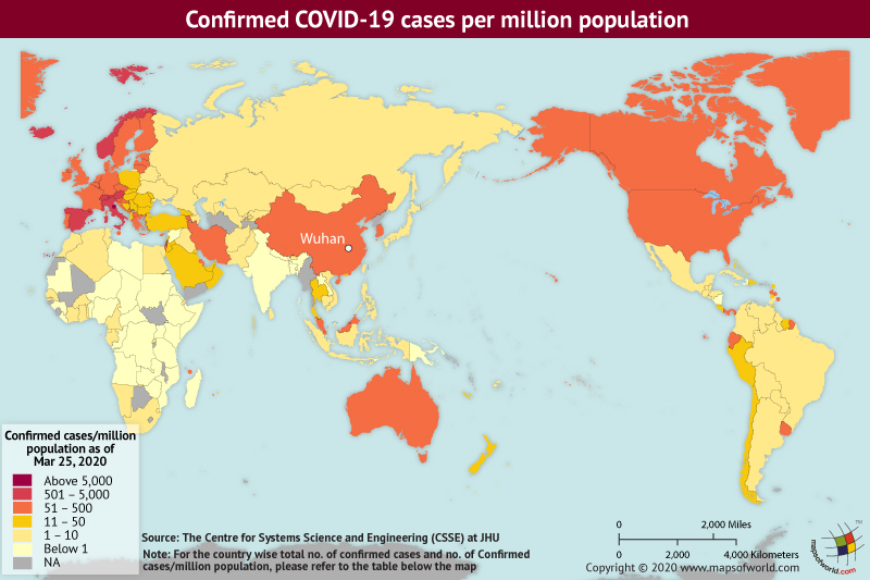 World Map Showing the Spread of Coronavirus Around the World as per March 25, 2020