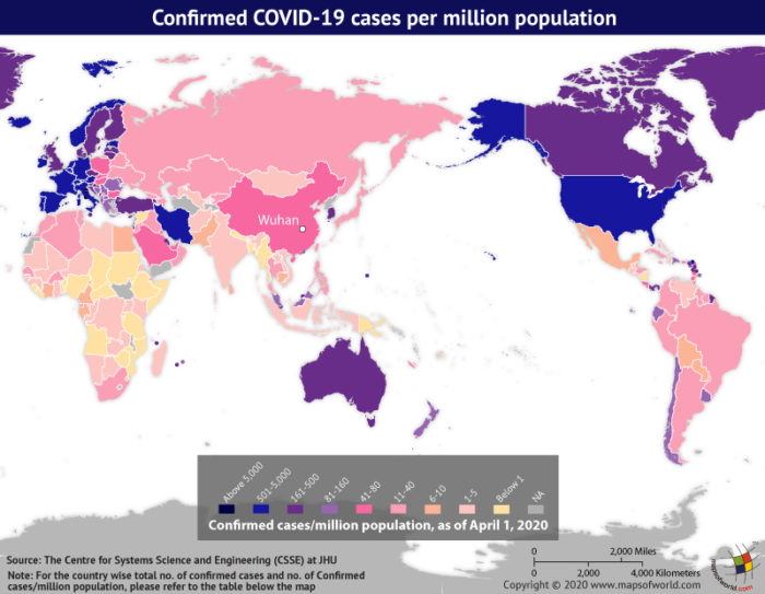 Map Highlighting the Spread of Coronavirus Around the World as per Apr 01, 2020