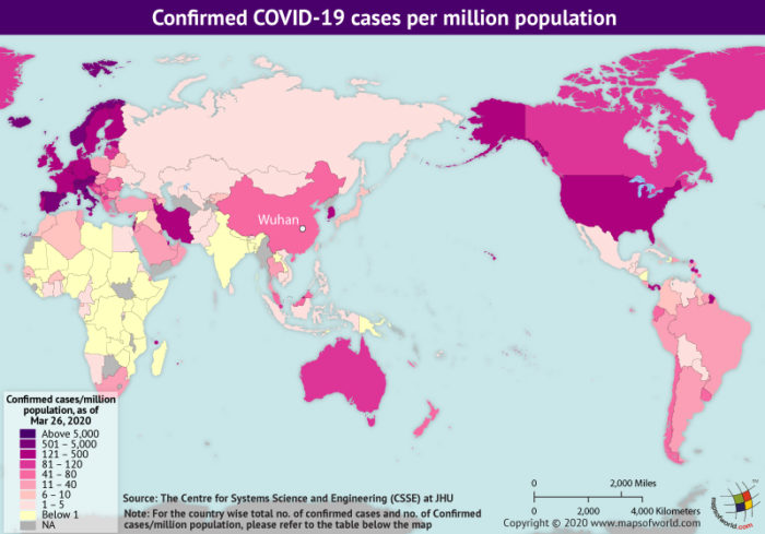Map Highlighting the Spread of Coronavirus Around the World as per March 26, 2020