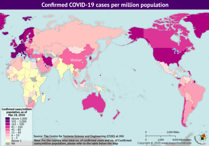 Map Highlighting the Spread of Coronavirus Around the World as per March 28, 2020