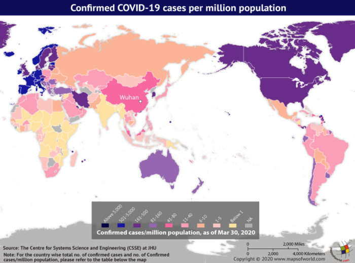 Map Highlighting the Spread of Coronavirus Around the World as per March 30, 2020