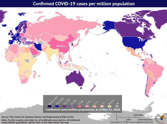 Map Highlighting the Spread of Coronavirus Around the World as per March 31, 2020