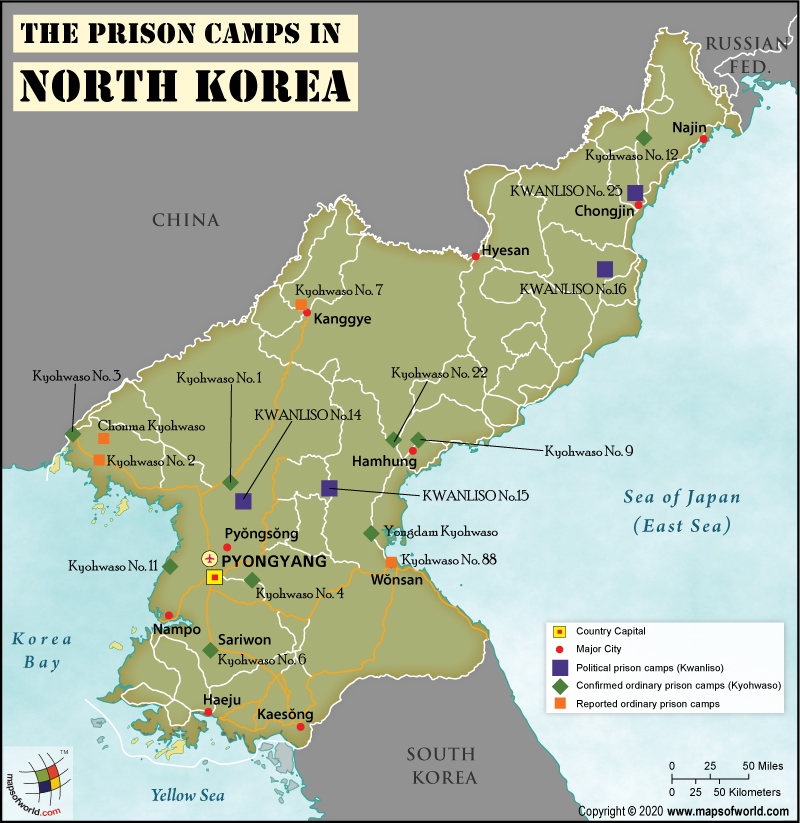 Map of North Korea Showing Location of Prison Camps
