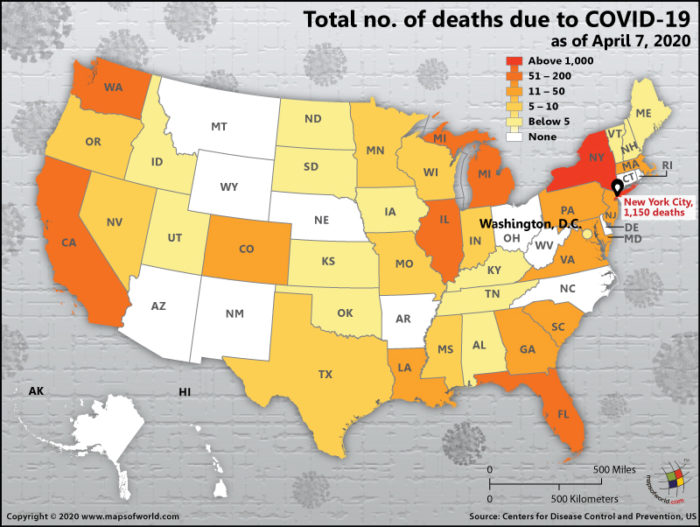 Map of USA Showing Total Number of Deaths Due to COVID-19 as on April 7, 2020