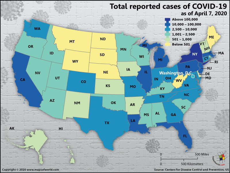 Map of USA Showing Total Number of Reported Cases of COVID-19 as on April 7, 2020