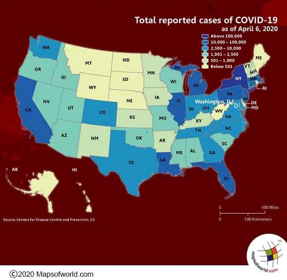 Map of USA Showing Total Reported Cases of COVID-19