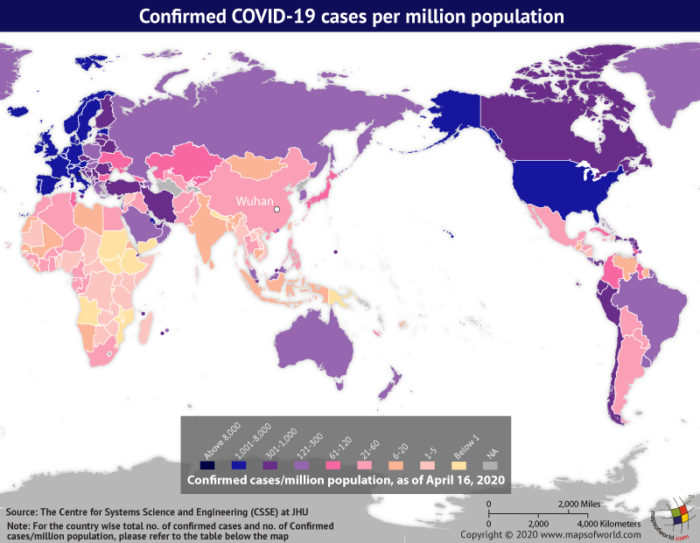 Map Highlighting the Spread of Coronavirus Around the World as per Apr 16, 2020