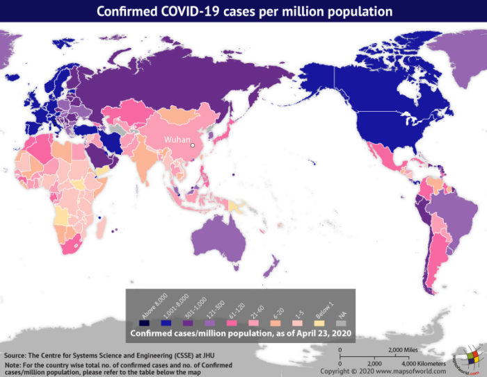 Map Highlighting the Spread of Coronavirus Around the World as per Apr 23, 2020
