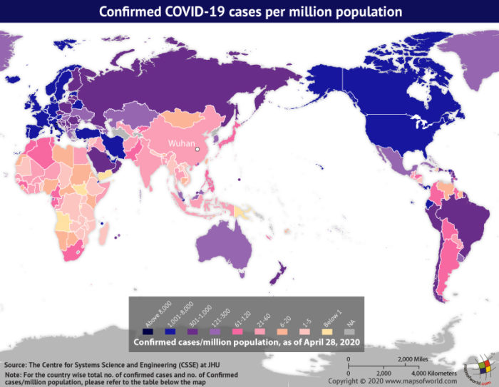 Map Highlighting the Spread of Coronavirus Around the World as per Apr 28, 2020