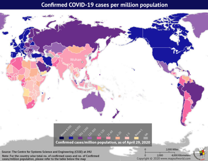 Map Highlighting the Spread of Coronavirus Around the World as per Apr 29, 2020