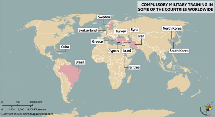 World Map Showing Countries in Which Military Training is Compulsory