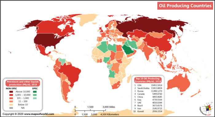 Map of World Showing Oil Producing Countries - Answers