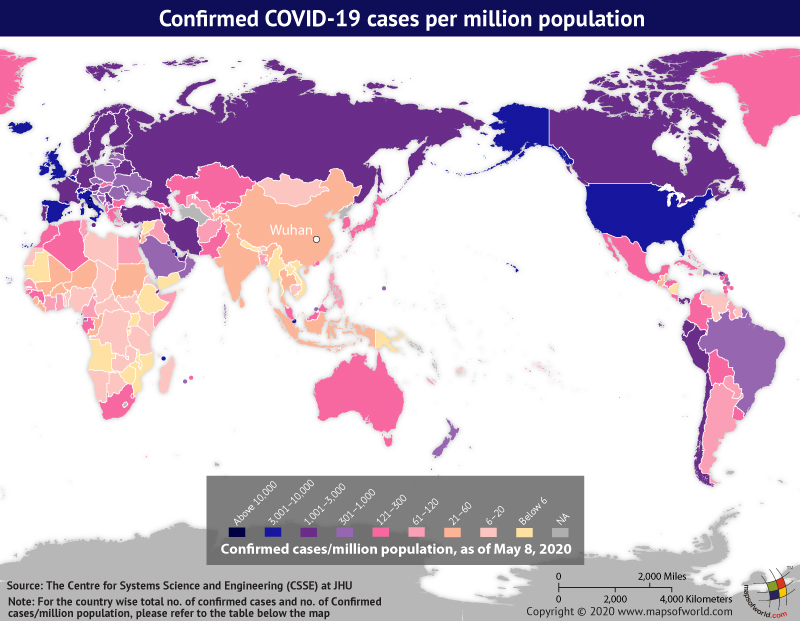 World Map Showing the Spread of Coronavirus Around the World as per May 08, 2020