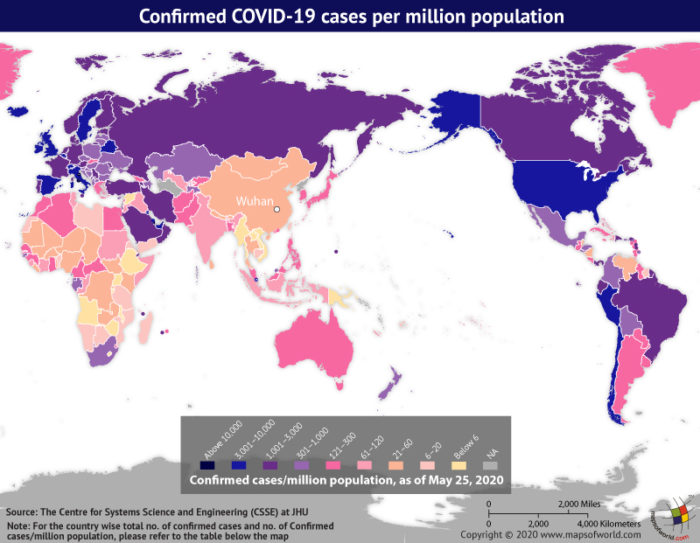 Map Highlighting the Spread of Coronavirus Around the World as per May 25, 2020