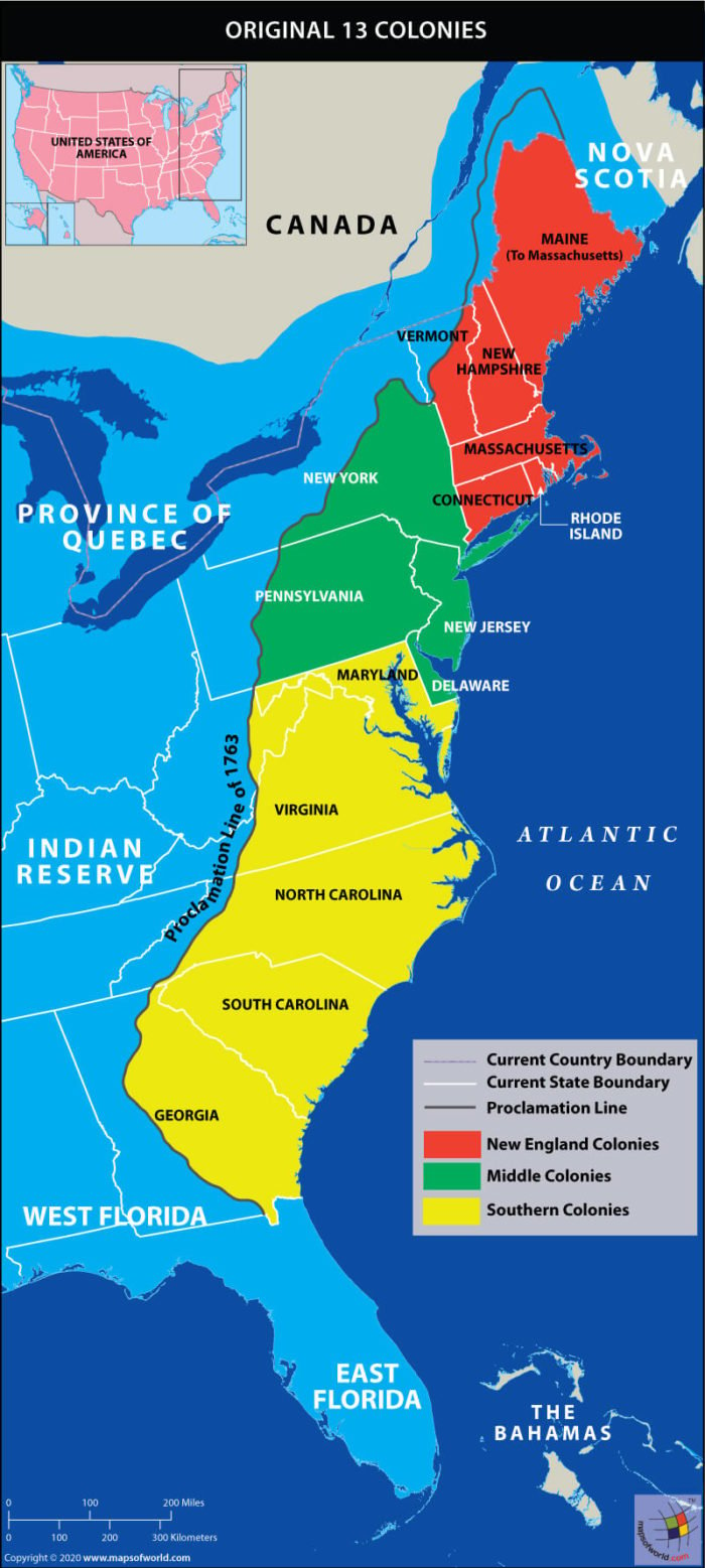 Map Showing 13 Original Colonies of the United States - Answers