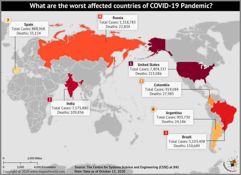 World Map Highlighting Countries which are Most Affected by Covid-19 Pandemic