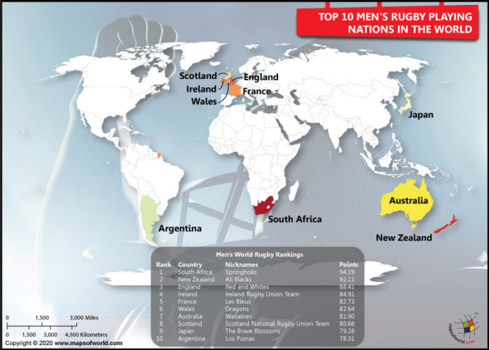 World Map Highlighting Top 10 Men's Rugby Playing Nations