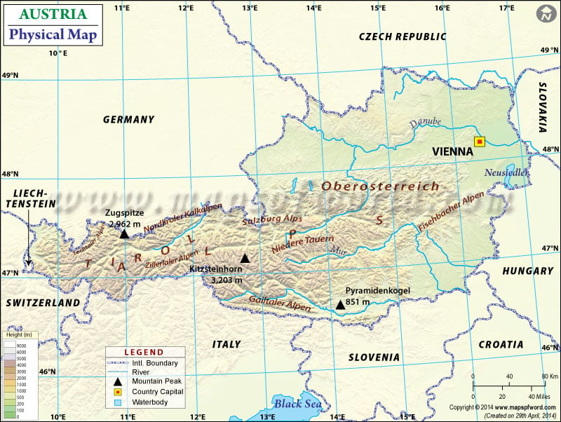 Physical Map of Austria