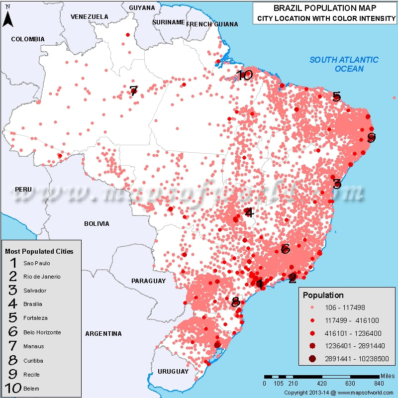 Brazil Population Density Map by City